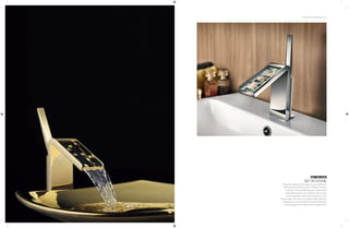 THE ART OF BATHING | 61
SET IN STONE
Bring the unique art of mosaic to your bathroom
with Queo’s F-Mosaicó and F-Mosaicó Oro line
of faucets. The exquisite faucets, created with
handcrafted stones sourced from all over the
world, reference mosaic techniques from the
Bronze Age. The stones, in muted shades like blue
and grey, are cut to perfection and are delicately
placed to give the creations their opulent look.
GET THE LOOK
 