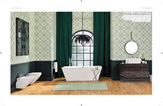 F-Morwen wall mounted bidet, Orca single lever bidet mixer,
F-Morwen water closet, I-Plate flush plate, F-Courbe 60 mm towel
holder, F-50 free standing bathtub, Orca tall single lever floor standing
bath and shower mixer, F-Morwen 600 mm over-the-counter basin
(with tap platform), F-Linear single lever basin mixer, Queo.
‘Bamboo Trellis’ (W065D3NTY75) wallpaper, Nilaya. Painting by
Yashwant Deshmukh, Blue Loft. ‘D1790/2A’ curtains from the Samsara
collection, Dreams Furnishings. Cotton towel from the Roman Bath
collection, Surprise Home Linen. ‘Flame of the Forest’ light, Viya Home.
‘Winter Asha’ rug, Shyam Ahuja. ‘Lucite’ side table, Blue Loft. All-in-one
body gel, MUJI. ‘Dewy Lily of the Valley & Star Anise’ and ‘Orange &
Bergamont’ bodywash, Molton Brown. ‘MI-RM-03’ mirror with leather
strap, Kerf. ‘Kulu’ chest of drawers, Blue Loft. ‘Dewy Lily of the Valley
& Star Anise’ liquid handwash, Molton Brown. Porcelain tray, MUJI.
‘Phalaenor’ white flower pot, Address Home. ‘Pondicherry Yellow’
(turmeric, coconut, sandalwood) candle, Bombay Perfumery. ‘Java’
rattan waste bin, Good Earth.
THE ART OF BATHING | 65
PUREINDULGENCE
Withitscleanlinesandneutralpalette,thepieces
fromtheF-Morwen,F-50andF-Linearrangesare
theperfectcompanionsforbathroomsthat
experimentwithboldpatterns.
64 | THE ART OF BATHING
 