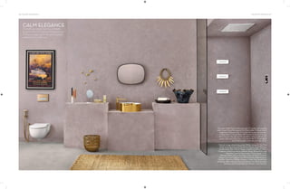 68 | THE ART OF BATHING
CALM ELEGANCE
Thesoftcurvesandluminousmetallic
accentsoftheF-Courbe,Chryseumand
F-Misurarangesuplifttheserenepastel
paletteofthisbathroom.
THE ART OF BATHING | 69
Chryseum health faucet with hose pipe, F-Courbe wall mounted
water closet, Sisma Rectangolo (Oro) flush plate, F-Misura (Gold)
single lever tall basin mixer, F-Courbe (Oro) 440 mm over-the-
counter basin, F-Acqua Wave wall mounted body jet, F-Acqua
Pura Chromo Therapy remote operated ceiling mount shower
system with 3 functions: Rain, Cascade & Mist, F-iTouch digital
touch thermostatic 4 function diverter, Queo.
Framed vintage advertising poster, Phillips Antiques. ‘The Dots
Metal’ brass hooks by Lars Tornøe for Muuto, Angel Ventures.
Candle stand, Blue Ostrich Design. Candles, Cottons & Satins.
‘Contessa’ (white) face mirror, Address Home. Stone-finish soap
dispenser, Surprise Home Linen. Cleansing gel, MUJI.
‘Shining’ basket, BoConcept. Rug, Cottons & Satins. ‘Framed’
(Taupe) mirror by Anderssen & Voll for Muuto, Angel Ventures.
Wooden Naga bowl, Phillips Antiques. Cotton face-towels from
the Roman Bath collection, Surprise Home Linen. Shell and bone
necklace, Kavita Singh Interiors. ‘Abstract’ vase, Trésorie.
 