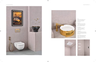 70 | THE ART OF BATHING THE ART OF BATHING | 71
Left:
F-Misura (Gold) single lever tall
basin mixer, F-Courbe (Oro)
440 mm over-the-counter
basin, Queo.
Below left:
F-Acqua Pura Chromo Therapy
remote-operated ceiling mount
shower system with 3 functions:
Rain, Cascade & Mist, Queo.
Below right:
F-Acqua Wave wall mounted
body jet, F-iTouch digital
touch thermostatic 4 function
diverter, Queo.
Facing page:
Chryseum health faucet with hose
pipe, F-Courbe wall mounted water
closet, Sisma Rectangolo (Oro) flush
plate, Queo.
Framed vintage advertising poster,
Phillips Antiques. ‘Abstract’ vase,
Trésorie. ‘The Dots Metal’ brass
hooks by Lars Tornøe for Muuto,
Angel Ventures.
 