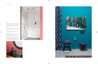 74 | THE ART OF BATHING
Right:
Aquaplay hand shower, F-Acqua Grand Chromo
Therapy remote operated 700 x 380 mm ceiling
mount shower with rain function and cascade
spread, F-Acqua Spin square body jet, Smartap
Nero (Black), Queo.
Below:
F-Misura (Matte Black) single lever tall basin mixer,
Le Forme (Matte Black) 700 mm over-the-counter
basin, Queo.
Mid-century chest of drawers, Phillips Antiques.
‘Henge’ mirror, Thelohasmith.com.
Facing page:
Health faucet with bracket angle valve and hose,
Le Forme (Matte Black) wall mounted water closet,
I-Plate black soft touch flush plate, Queo.
Curtain fabric from the Samsara collection, Dreams
Furnishings. ‘Shogun’ stool, BoConcept. Organic
cotton blend thick towel and slippers, MUJI.
Mounted art print from the Anamnesis series by
Prasad Naik, dayDREAM. ‘Mihali’ rug, Shyam Ahuja.
THE ART OF BATHING | 75
 