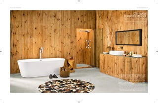 76 | THE ART OF BATHING THE ART OF BATHING | 77
Orca tall single lever floor standing bath and shower mixer, Zinnia
free standing bath tub, F-Acqua Cascade overhead shower with
spin three functions: Cascade, Rain & Spin, F-Acqua 4-way built-in
thermostatic divertor, F-Acqua Spin creamy body jet, F-Misura
600 mm over-the-counter basin, F-Misura (Chrome) wall mounted
single lever basin mixer for concealed installation, Queo.
Slippers, MUJI. ‘Buri’ basket, Aesthetics. Wooden stool, Essajees.
‘Heavenly Gingerly’ caressing body polisher and bath and shower
gel, Molton Brown. ‘Rondo’ rug, BoConcept. ‘Sea Shell’ marble
soap dish, Good Earth. Wooden vase, Red, Blue & Yellow. ‘Rivet’
rectangular mirror, Thelohasmith.com. Soap dispenser, Surprise
Home Linen. ‘Living’ wooden dishes, BoConcept. Porcelain tray,
cleansing gel and sensitive-skin body milk, MUJI. Cotton hand-
towels from the Roman Bath collection, Surprise Home Linen.
ZENAND
SOPHISTICATION
ThecurvesoftheF-Misurafixturesand
thecleanlinesoftheF-Acquashower
perfectlycomplementtheminimaland
ruggedvibeofthisspace.
 