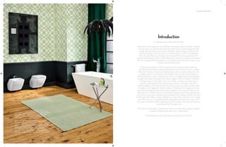 THE ART OF BATHING | 7
So, what does your bathroom look like?
Not words you’d imagine as a scintillating conversation starter in polite company,
but they are most certainly fitting. Because the infusion of technology and high
design into said space has caused a dramatic, radical change in that kind of
thinking, leading us all to this point—to create a book on ‘The Art of Bathing’.
Two concepts that are seemingly disconnected find common ground in this
collaboration between Queo and AD. Bathrooms have led a colourful, chequered
life—from being lavishly extravagant to ‘for sanitation purpose only’ zones, to now
being cool (and really smart).
This book provided us with the opportunity to wade into deep waters to
decode the art of bathing. Because let’s face it, a brand with as iconic a range
of faucets, fixtures and assorted sanitaryware as Queo would certainly be in an
enviable position to hold forth on the subject. If you are the kind to fixate on
details (Should my water closet be tech-savvy? Is my gold-finished bathtub glam
enough? Are bidets trending?), then Queo weighs in with its Fashion Collection,
running the gamut of designer chic, from artistic, conceptual sanitaryware to
nature-inspired products—but all luxurious. And you even get a look at the
select designers in the Hall of Fame who found a way to combine function with
innovation and imagination in their creations. If that weren’t enough, also we’ve
got India’s leading architects and interior designers—from Vinita Chaitanya and
Ravi Vazirani to Madhav Raman and Shabnam Gupta—to offer their perspective
on the topic. And some must-see recommendations for design inspiration: fixtures
and faucets that reflect a design aesthetic you might like to emulate. Just to begin
with. We have also scoured beautifully designed homes from across the world
for some inventively crafted bathrooms, and discovered some truly architectural
masterpieces from days gone by.
This book is an anthology of interesting solutions and rife with inspiration. Read it
at leisure, while you luxuriate in your bubble bath.
And seriously, do tell—what does your bathroom look like?
Introduction
F-Morwen wall mounted bidet; F-Morwen water closet;
Orca single lever bidet mixer; I-Plate flush plate; F-Courbe
towel holder 60mm; F-50 free-standing bathtub; Orca
tall single lever floor standing bath and Orca shower
mixer; Queo.
‘Bamboo Trellis’ (W065D3NTY75) wallpaper, Nilaya.
Painting by Yashwant Deshmukh, Blue Loft. ‘D1790/2A’
curtains from the Samsara collection, Dreams Furnishings.
Cotton towel from the Roman Bath collection, Surprise
Home Linen. ‘Flame of the Forest’ light, Viya Home. ‘Winter
Asha’ rug, Shyam Ahuja. ‘Lucite’ side table, Blue Loft.
All-in-one body gel, MUJI. ‘Dewy Lily of the Valley & Star
Anise’ and ‘Orange & Bergamont’ bodywash, Molton Brown.
 