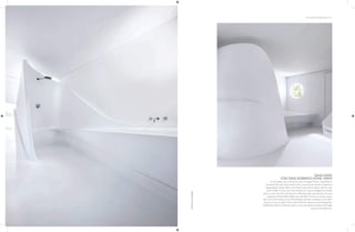 THE ART OF BATHING | 151
ZAHA HADID
FOR CRAIG ROBBINS’S HOME, MIAMI
A real estate scion and the founder of Design Miami, Craig Robbins
considered the late Zaha Hadid to be a close friend, one who insisted on
designing the master bath in his Miami home that he shares with his wife,
Jackie Soffer. And as was commonplace for a space designed by Hadid,
got so much more than he hoped for. Blinding white, typically futuristic and
singularly otherworldly, Hadid used unbroken Corian to create a space
that swirls and sweeps around the bathtub, cabinets, washbasins and other
fixtures. It was enough to have inspired Martha Stewart and photographer
Todd Eberle, there to attend a party, to do a spontaneous photo shoot right
there, in the bathroom.
PHOTO:
KRIS
TAMBUREL
 