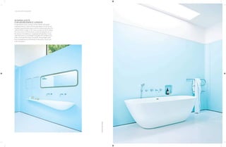 152 | THE ART OF BATHING
AMANDA LEVETE
FOR HER RESIDENCE, LONDON
It’s deceptively classic—owing to its brick facade and equally
traditional interiors. That is until you step deeper into the house
architect Amanda Levete shares with her husband and notice her
radical aesthetic at play—in the curves scooped out of the ceiling,
the sinuous forms of the furniture, and the sweeping flourish of
the fixtures in the bathroom. Juxtaposed with pale-blue Corian
walls that exude an unmistakable tranquillity, the washbasin and
bath in white take the shape of seashells. Double-height, skylit,
free of embellishments and intimate; it’s the perfect sea of calm
to be cast away in.
PHOTOS:
PAUL
MASSEY
 
