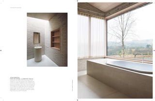 154 | THE ART OF BATHING
JOHN PAWSON
FOR LIFE HOUSE, LLANBISTER, WALES
This home by John Pawson was commissioned by Living
Architecture, a non-profit organization that collaborates with
architects to redefine contemporary homes. Modern, minimal
and cast in the aesthetic of the architect, the house endows its
three private areas with important roles: one is for listening to
music, another is for reading, while a third is for bathing. The
pale-brick walls mimic the colour of the moor grass that the
bathing platform, with its inset bathtub, looks out to—just the
thing to lull you into a sense of tranquillity.
PHOTO:
GILBERT
MC
CARRAGHER
 