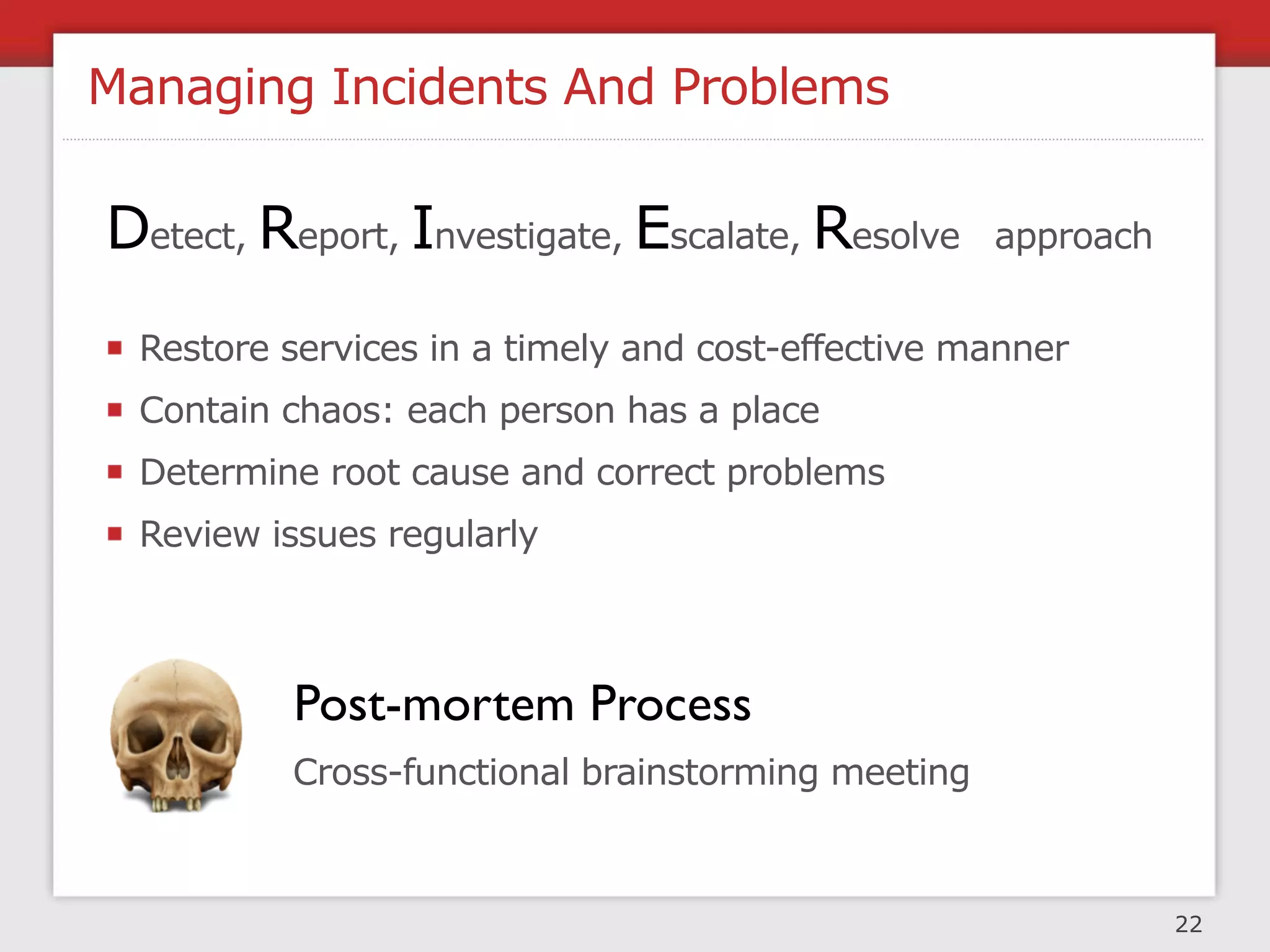 Performance (Load) Testing

                                             ✓1.5k users/sec
 1. Establish success criteria               ✓RT < 150ms

 2. Establish the test environment            TEST   ≅   LIVE


                                              Pareto rule
 3. Deﬁne the tests (for different things)    20% - 80%


 4. Identify what needs to be monitored      CPU - Memory
     What data needs to be collected         TTL, RT, Services

                                             CPU: 90%
 5. Run, analyse, report to engineers        RT: 180ms
                                             2K SimUsers/sec




                                                            23
 