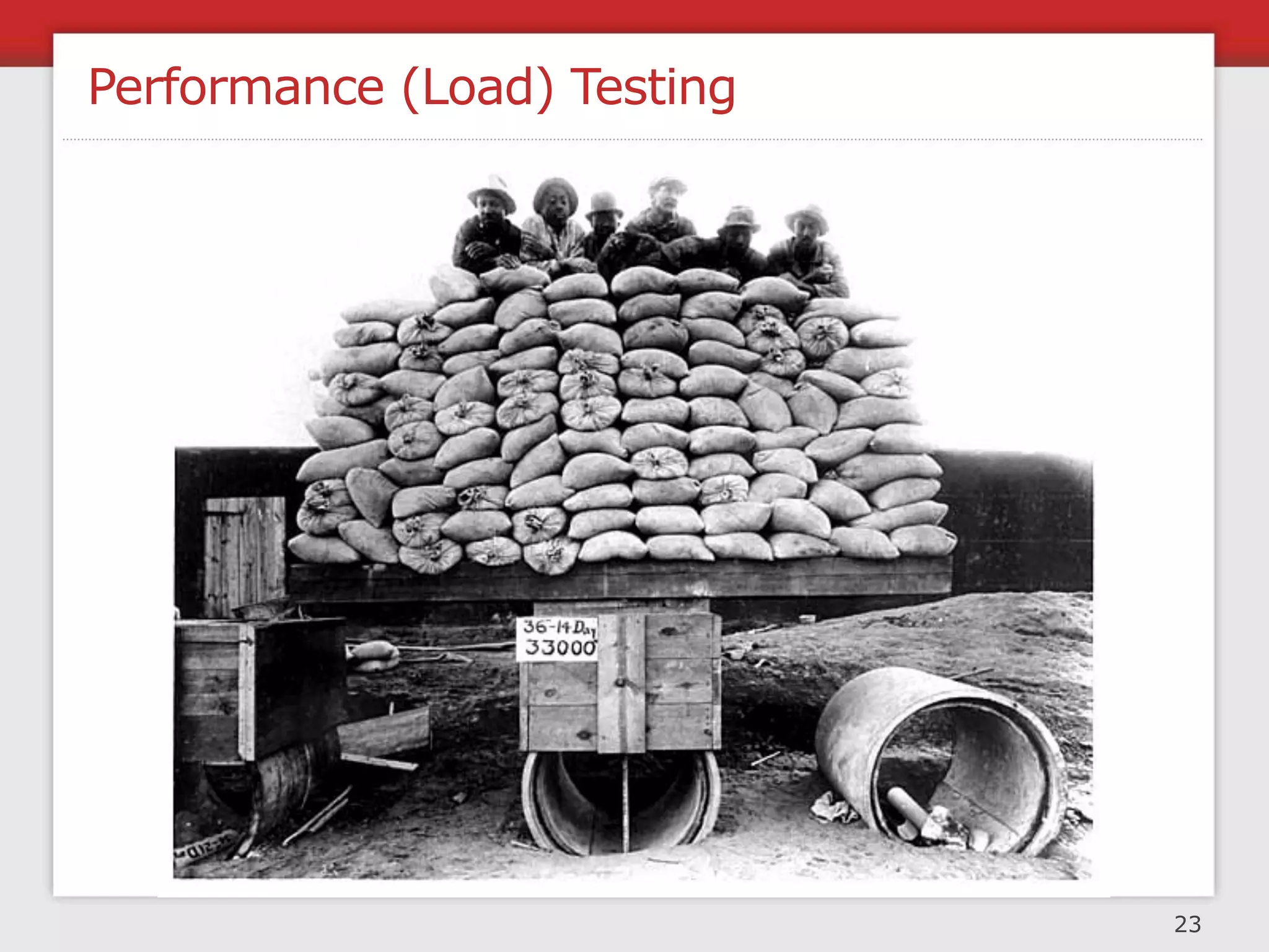 Performance (Load) Testing

                                             ✓1.5k users/sec
 1. Establish success criteria               ✓RT < 150ms

 2. Establish the test environment            TEST   ≅   LIVE


                                              Pareto rule
 3. Deﬁne the tests (for different things)    20% - 80%


 4. Identify what needs to be monitored      CPU - Memory
     What data needs to be collected         TTL, RT, Services

                                             CPU: 90%
 5. Run, analyse, report to engineers        RT: 180ms
                                             2K SimUsers/sec

 6. Repeat tests and analysis                 Rinse and repeat


                                                            23
 