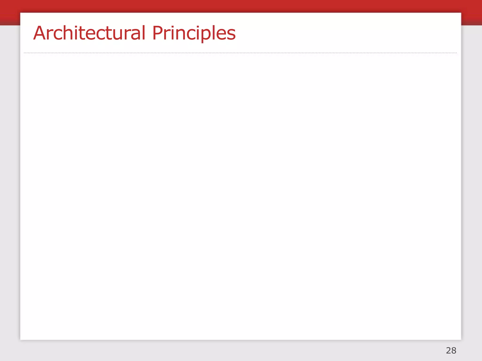 Architectural Principles

   +1
N + 1 design       for rollback   to be disabled




   to be           for multiple    use mature
 monitored           live sites    technology




                                                   28
 
