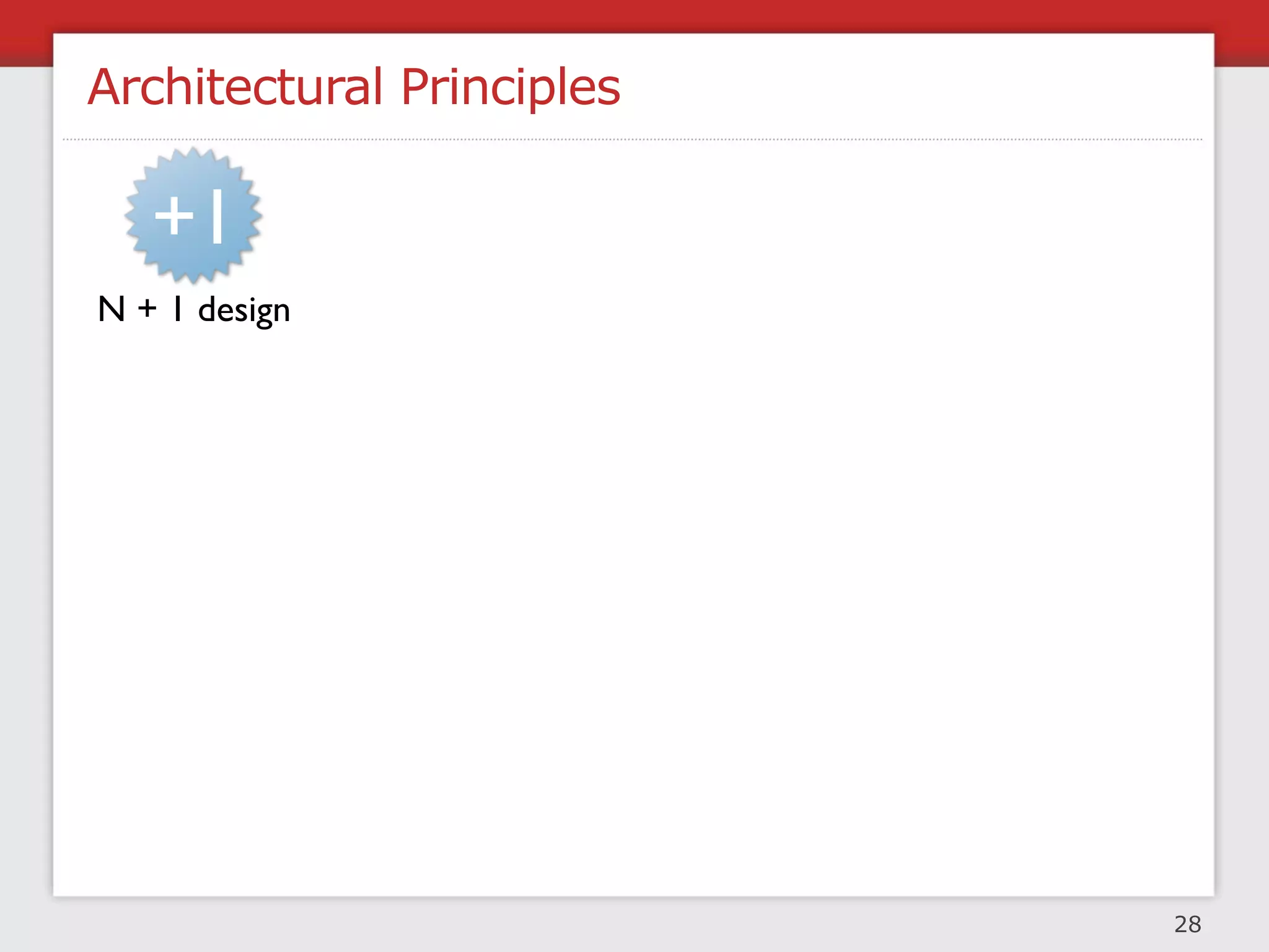 Architectural Principles

   +1
N + 1 design       for rollback   to be disabled




   to be           for multiple    use mature
 monitored           live sites    technology




asynchronous
    design
                                                   28
 