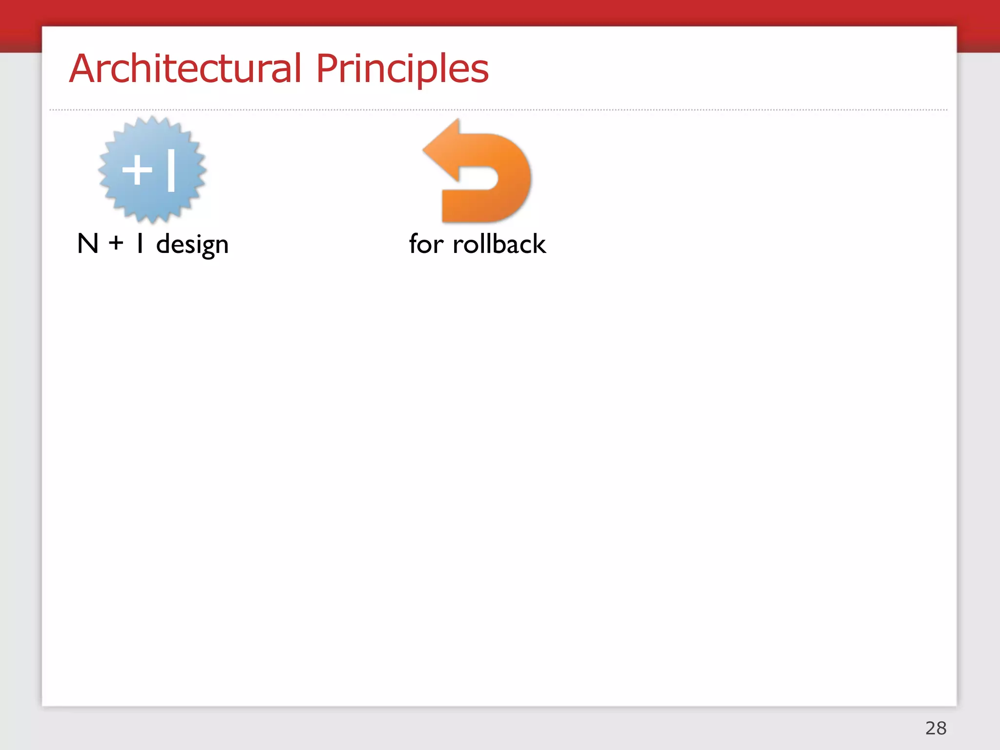 Architectural Principles

   +1
N + 1 design       for rollback   to be disabled




   to be           for multiple    use mature
 monitored           live sites    technology




asynchronous        stateless
    design          systems
                                                   28
 