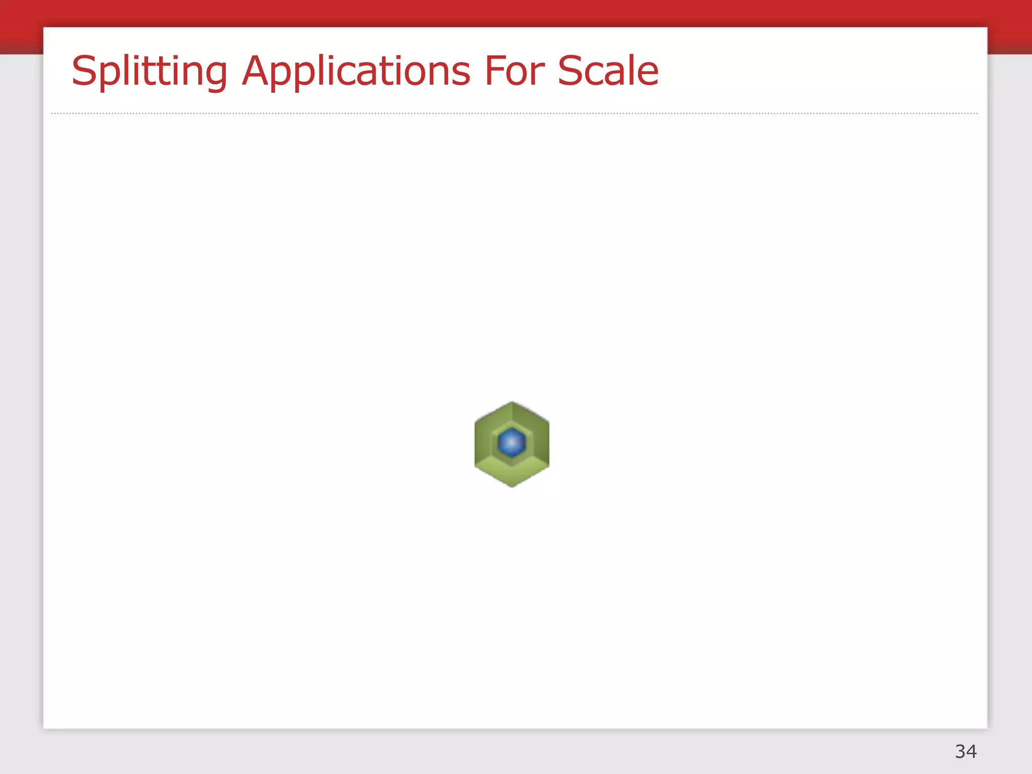 Splitting Databases For Scale
            data cloning (replication / clustering)
                            x     + easy to implement
                                  + scale transaction volume
                                  - scale data size and growth


+ fault isolation
+ reduce query time
- more difﬁcult
- data migration
             y
   split by service /
resource / data afﬁnity
                                                             35
 