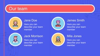 Our team
Here you can
describe your team
member
Jack Morrison
Here you can
describe your team
member
Jane Doe
Here you can
describe your team
member
Mila Jones
Here you can
describe your team
member
James Smith
 