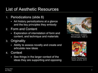 26 Aug 2021
Art Theory
1. Periodizations (slide 8)
 Art history periodizations at a glance
and the key principles they em...