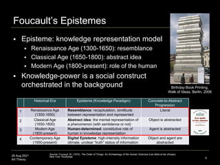26 Aug 2021
Art Theory
Foucault’s Epistemes
 Episteme: knowledge representation model
 Renaissance Age (1300-1650): rese...