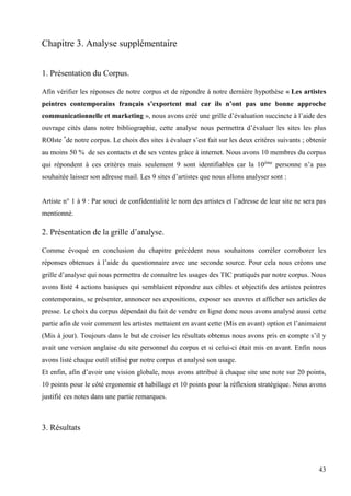 Chapitre 3. Analyse supplémentaire
1. Présentation du Corpus.
Afin vérifier les réponses de notre corpus et de répondre à notre dernière hypothèse « Les artistes
peintres contemporains français s’exportent mal car ils n’ont pas une bonne approche
communicationnelle et marketing », nous avons créé une grille d’évaluation succincte à l’aide des
ouvrage cités dans notre bibliographie, cette analyse nous permettra d’évaluer les sites les plus
ROIste *de notre corpus. Le choix des sites à évaluer s’est fait sur les deux critères suivants ; obtenir
au moins 50 % de ses contacts et de ses ventes grâce à internet. Nous avons 10 membres du corpus
qui répondent à ces critères mais seulement 9 sont identifiables car la 10ème personne n’a pas
souhaitée laisser son adresse mail. Les 9 sites d’artistes que nous allons analyser sont :
Artiste n° 1 à 9 : Par souci de confidentialité le nom des artistes et l’adresse de leur site ne sera pas
mentionné.

2. Présentation de la grille d’analyse.
Comme évoqué en conclusion du chapitre précédent nous souhaitons corréler corroborer les
réponses obtenues à l’aide du questionnaire avec une seconde source. Pour cela nous créons une
grille d’analyse qui nous permettra de connaître les usages des TIC pratiqués par notre corpus. Nous
avons listé 4 actions basiques qui semblaient répondre aux cibles et objectifs des artistes peintres
contemporains, se présenter, annoncer ses expositions, exposer ses œuvres et afficher ses articles de
presse. Le choix du corpus dépendait du fait de vendre en ligne donc nous avons analysé aussi cette
partie afin de voir comment les artistes mettaient en avant cette (Mis en avant) option et l’animaient
(Mis à jour). Toujours dans le but de croiser les résultats obtenus nous avons pris en compte s’il y
avait une version anglaise du site personnel du corpus et si celui-ci était mis en avant. Enfin nous
avons listé chaque outil utilisé par notre corpus et analysé son usage.
Et enfin, afin d’avoir une vision globale, nous avons attribué à chaque site une note sur 20 points,
10 points pour le côté ergonomie et habillage et 10 points pour la réflexion stratégique. Nous avons
justifié ces notes dans une partie remarques.

3. Résultats

43

 