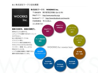 8-1. 株式会社ワークス会社概要

                 株式会社ワークス WOORKS Inc. 
                  〒108-0074 東京都港区高輪1-26-15-701
                  Webサイト：http://www.woorks.co.jp
                  facebookページ：http://www.facebook.com/woorks
                  代表取締役：早乙女拓人
                  主な事業内容：
                                             Webサイト
                                              CMS対応       スマートフォ
最新の技術を、最適の戦略で。                  Webサイト
                                                               ンサイト
技術はどんどん進歩する。                      制作
                                                               制作
しかしいつでも最新であればいいという
ものでもない。
私たち株式会社ワークスは、                                                         スマートフォ
                      ネット通販体制
クライアント様と、                                                              ンアプリ
                         構築
クライアント様のお客様を考え、                                                        制作
そのビジネスにおけるさまざまな
ファクター（要素）をしっかりと                     WOORKS for newest best.
吟味させていただき、
いつでも最適の戦略をご提案できる、       Web運用                                          電子書籍
最新の技術を見据えています。       コンサルティング                                         制作・出版




                                 facebook                  facebook 
                                セミナー講師                     アプリ制作
                                              facebook 
                                              ページ制作
 