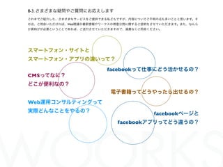 8-3. さまざまな疑問やご質問にお応えします
これまでご紹介した、さまざまなサービスをご提供できる私どもですが、内容についてご不明の点も多いことと思います。そ
の点、ご用命いただければ、Web関連の最新情報やワークスの得意分野に関するご説明をさせていただきます。また、なんら
か資料がが必要ということであれば、ご送付させていただきますので、遠慮なくご用命ください。




スマートフォン・サイトと
スマートフォン・アプリの違いって？
                          facebookって仕事にどう活かせるの？
CMSってなに？
どこが便利なの？
                           電子書籍ってどうやったら出せるの？
Web運用コンサルティングって
実際どんなことをやるの？                              facebookページと
                              facebookアプリってどう違うの？
 