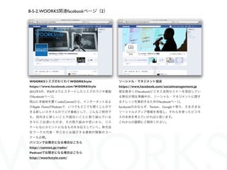 8-5-2. WOORKS関連facebookページ（2）




WOORKSシミズのわくわくWOORKStyle                ソーシャル・マネジメント協会
https://www.facebook.com/WOORKStyle     https://www.facebook.com/socialmanagement.jp 
2012年5月、約6年ぶりにスタートしたシミズのラジオ番組           現在数多くのfacebookビジネス活用セミナーを受託してい
のfacebookページ。                           る弊社が現在準備中の、ソーシャル・マネジメントに関す
岡山に本拠地を置くradioCamnetから、インターネットおよ        るナレッジを集約するためのfacebookページ。
びApple iTunesのPodcastで、いつでもどこでも聞くことので   facebookのみならず、Twitter、Google＋等々、さまざまな
きる新しいスタイルのラジオ番組として、こんなご時世で              ソーシャルメディア情報を発信し、それらを使ったビジネ
も、前向きに新しいことや面白いことに取り組んでいる               スの未来を考えていければと思います。
方々にご出演いただき、その取り組みや思いから、リス               これからの展開にご期待ください。
ナーになにかヒントになるものをお伝えしていく。株式会
社ワークス代表・早乙女とお届けする最新IT情報のコー
ナーも必聴。
パソコンでお聞きになる場合はこちら
http://camnet.jp/radio/ 
Podcastでお聞きになる場合はこちら
http://woorkstyle.com/
 