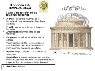 TIPOLOGÍA DEL TEMPLO GRIEGO Según la  disposición de las columnas del pórtico : In antis . Posee dos columnas en la fachada principal, pero en la misma línea del muro. Próstilo : columnas ante una sola de sus fachadas. Anfipróstilo : columnas ante las dos fachadas. Perípteros : las columnas rodean todo el edificio. Seudoperípteros:  las columnas rodean todo el edificio, pero están adheridas al muro, de modo que no es transitable. Díptero : templo períptero con doble fila de columnas. Seudodíptero : templo períptero, con una sola hilera de columnas alrededor, pero a una distancia mayor de dos intercolumnios desde la pared. Monóptero : circular. 