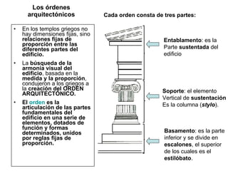 Los órdenes arquitectónicos En los templos griegos no hay dimensiones fijas, sino  relaciones fijas de proporción entre las diferentes partes del edificio. La  búsqueda de la armonía visual del edificio , basada en la  medida y la proporción , condujeron a los griegos a la  creación del ORDEN ARQUITECTÓNICO.   El  orden  es   la articulación de las partes fundamentales del edificio en una serie de elementos, dotados de función y formas determinados, unidos por reglas fijas de proporción. Cada orden consta de tres partes:   Entablamento : es la Parte  sustentada  del  edificio Soporte : el elemento Vertical de  sustentación Es la columna ( stylo ). Basamento : es la parte inferior y se divide en  escalones , el superior de los cuales es el  estilóbato .  