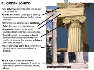 EL ORDEN JÓNICO Su origen mítico: doc. 5  Las  columnas  son más altas y delgadas que las dóricas. Cornisa  de menos vuelo que la dórica y decorada con dentellones, óvulos y otras molduras. El frontón está coronado por  acróteras .  Friso  decorado con bajorrelieves. Arquitrabe  dividido en 3 franjas (platabandas) horizontales escalonadas. Capitel  formado por un  cuarto bocel , decorado con una línea de  ovas  y un cordón de perlas y dos grandes  volutas  a cada lado, en espiral. Fuste cilíndrico estriado . Es   monolítico (de una pieza). A veces se observa  éntasis . Basa ática.  Consta de dos  toros  separados por una  escocia . A veces se apoya en un pedestal cuadrado llamado  plinto . 