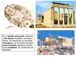 N N Es un  templo compuesto , dedicado a  tres dioses : Poseidón, Cécrope y Atenea. Su disposición es de planta  rectangular , con un pórtico de orden  jónico hexástilo . Destaca el pórtico de las  Cariátides . Su constructor fue Mnesiklés. 