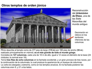 Reconstrucción del   Artemision  de Éfeso , una de las Siete Maravillas del mundo antiguo Otros templos de orden jónico Plinio describe el templo como de 377 pies de largo ( 115 m ) por 180 pies de ancho ( 55 m ); realizado principalmente en mármol,  es el más grande de todo el mundo griego . Constaba de  127 columnas , cada una de 18 m de alto, igual a 12 veces el diámetro de la base (24 módulos; lo normal eran 18). Tenía  tres filas de ocho columnas  en la fachada occidental, y un gran  pronaos  de tres naves, por la continuación de la columnata, lo cual produce la apariencia de un bosque de columnas. La  cella  era alargada y estrecha, como en los templos arcaicos. En la fachada posterior las columnas eran 9, y 21 a los lados. Decoración en relieve en los tambores inferiores de las columnas 