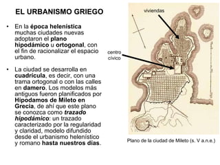 EL URBANISMO GRIEGO <ul><li>En la  época helenística  muchas ciudades nuevas adoptaron el  plano   hipodámico  u  ortogona...