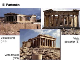 El Partenón Vista lateral (SO) Vista frontal (NO) Vista posterior (E) 