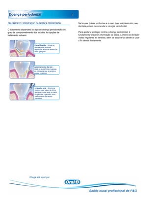 Doença periodontal                                         2

TRATAMENTO E PREVENÇÃO DA DOENÇA PERIODONTAL                    Se houver bolsas profundas e o osso tiver sido destruído, seu
                                                                dentista poderá recomendar a cirurgia periodontal.
O tratamento dependerá do tipo de doença periodontal e do
grau de comprometimento dos tecidos. As opções de               Para ajudar a proteger contra a doença periodontal, é
tratamento incluem:                                             fundamental prevenir a formação da placa. Lembre-se de fazer
                                                                visitas regulares ao dentista, além de escovar os dentes e usar
                                                                o fio dental diariamente.

                          Escarificação - limpa os
                          dentes para remover
                          depósitos acima e abaixo da
                          linha gengival




                          Aplainamento da raiz -
                          alisa as superfícies rugosas
                          da raiz para que a gengiva
                          possa cicatrizar




                          Irrigação oral - direciona
                          líquido para baixo da linha
                          gengival, para lavar e matar
                          os germes e permitir novo
                          crescimento de tecido
                          saudável
 