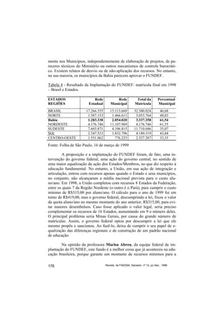 mente nos Municípios, independentemente de elaboração de projetos, de pa-
receres técnicos do Ministério ou outros mecanismos de controle burocráti-
co. Existem relatos de desvio ou de não-aplicação dos recursos. No entanto,
na sua maioria, os municípios da Bahia parecem aprovar o FUNDEF.

Tabela 4 - Resultado da Implantação do FUNDEF: matrícula final em 1998
– Brasil e Estados.

ESTADOS                    Rede            Rede             Total da          Percentual
REGIÕES                 Estadual       Municipal           Matricula          Municipal
BRASIL                17.266.355      15.113.669          32.380.024            46,68
NORTE                  1.587.153       1.466.611           3.053.764            48,03
Bahia                  1.283.338       2.054.020           3.337.358            61,54
NORDESTE               4.176.746      11.107.969           4.176.746            61,55
SUDESTE                7.603.871       4.106.815          11.710.686            35,07
SUL                    2.347.523       1.832.796           4.180.319            43,84
CENTRO-OESTE           1.551.062         776.225           2.327.287            33,35
Fonte: Folha de São Paulo, 16 de março de 1999

         A proposição e a implantação do FUNDEF foram, de fato, uma in-
tervenção do governo federal, uma ação do governo central, no sentido de
uma maior equalização da ação dos Estados/Membros, no que diz respeito à
educação fundamental. No entanto, a União, em sua ação de integração e
articulação, entrou com recursos apenas quando o Estado e seus municípios,
no conjunto, não alcançaram a média nacional prevista para o custo alu-
no/ano. Em 1998, a União completou com recursos 8 Estados da Federação,
entre os quais 7 da Região Nordeste (o outro é o Pará), para cumprir o custo
mínimo de R$315,00 por aluno/ano. O cálculo para o ano de 1999 foi em
torno de R$419,00, mas o governo federal, descumprindo a lei, fixou o valor
da quota aluno/ano no mesmo montante do ano anterior, R$315,00, para evi-
tar maiores desembolsos. Caso fosse aplicado o valor legal, seria preciso
complementar os recursos de 16 Estados, aumentando em 9 o número deles.
O principal problema seria Minas Gerais, por causa do grande número de
matrículas. Assim, o governo federal optou por descumprir a lei que ele
mesmo propôs e sancionou. Ao fazê-lo, deixa de cumprir o seu papel de e-
qualização das diferenças regionais e de construção de um padrão nacional
de educação.

        Na opinião da professora Marisa Abreu, da equipe federal de im-
plantação do FUNDEF, este fundo é a melhor coisa que já aconteceu na edu-
cação brasileira, porque garante um montante de recursos mínimos para a

176                                Revista da FAEEBA, Salvador, nº 12, jul./dez., 1999
 