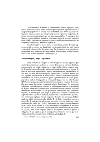 A alfabetização de adultos é, curiosamente, o único espaço do siste-
ma de ensino em que os pretos têm uma presença mais significativa que o
seu peso na população do Estado. Mas são também eles, dentre todos os con-
tingentes raciais, aqueles que têm presença menos expressiva no patamar do
ensino superior, relativamente ao seu peso demográfico. A vantagem dos
brancos torna-se evidente quando se observa os níveis do segundo grau para
cima. Aí eles comparecem com uma presença consideravelmente superior ao
seu peso no conjunto da população (tabela 2).
        Na observação do modo como se distribuem, dentro de cada seg-
mento racial, as pessoas que freqüentam o sistema escolar, o que mais chama
a atenção é o desempenho dos amarelos e dos brancos no nível superior, a-
presentando uma concentração, nesse estágio do sistema de ensino, bastante
superior aos demais segmentos raciais (tabela 3).

Alfabetização, “raça” e gênero

         Para examinar a situação de alfabetização no Estado, optamos por
excluir do conjunto da população as pessoas de menos de sete anos de idade,
por considerar que esta é a idade que se espera tenha início o processo regu-
lar de escolarização, não sendo, portanto adequado, considerar as pessoas de
cinco a sete anos nessa análise. Assim, constatamos que na população de
sete anos ou mais, há um contingente significativo (37,0%) de pessoas que
não lograram alfabetizar-se. A observação da condição de alfabetização con-
siderando a cor ou raça, evidenciou que o segmento branco é aquele que a-
presenta o melhor desempenho. O contingente de pessoas não-alfabetizadas
(27,6%) nesse grupo é proporcionalmente menor que no conjunto da popula-
ção, com quase dez pontos percentuais abaixo do conjunto. Os segmentos
indígena e preto são os que mostram as maiores desvantagens. A proporção
de pessoas não-alfabetizadas entre os indígenas é bastante elevada, represen-
tando quase a metade (49,5%) das pessoas de sete anos ou mais deste con-
tingente. A desvantagem que atinge os pretos não é menor. Também esse
segmento exibe um nível bastante preocupante de analfabetismo (45,9%).
Isso certamente explica a elevada proporção de pretos nos cursos de alfabeti-
zação de adulto mostrados pelas tabelas 2 e 3. Entre os pardos, embora a
proporção de analfabetos seja menor que entre pretos e indígenas, segue
sendo também muito alta (38,3%); mais ainda que para o conjunto da popu-
lação. Assim, se excluirmos os brancos do conjunto das pessoas de sete anos
de idade ou mais, o percentual de analfabetos vai mostrar-se bastante eleva-
do (42,0%) para o sub-conjunto formado pelos pretos, amarelos, pardos e
indígenas. O que significa que o desempenho dos brancos impede que o ní-
vel de analfabetismo se apresente ainda mais alto (tabela 4).
    Revista da FAEEBA, Salvador, nº 12, jul./dez., 1999                  205
 