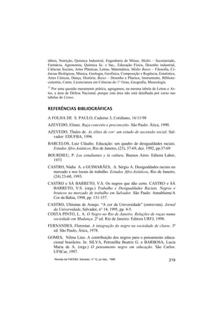 tábeis, Nutrição, Química Industrial, Engenharia de Minas; Médio – Secretariado,
Farmácia, Agronomia, Química lic. e bac., Educação Física, Desenho industrial,
Ciências Sociais, Artes Plásticas, Letras, Matemática; Médio Baixo – Filosofia, Ci-
ências Biológicas, Música, Geologia, Geofísica, Composição e Regência, Estatística,
Artes Cênicas, Dança, História; Baixo – Desenho e Plástica, Instrumento, Bibliote-
conomia, Canto, Licenciatura em Ciências do 1° Grau, Geografia, Museologia.
12
   Por uma questão meramente prática, agregamos, na mesma tabela de Letras e Ar-
tes, a área de Defesa Nacional, porque esta área não está detalhada por curso nas
tabelas do Censo.


REFERÊNCIAS BIBLIOGRÁFICAS

A FOLHA DE S. PAULO, Caderno 3, Cotidiano, 16/11/98
AZEVEDO, Eliane. Raça conceito e preconceito. São Paulo: Ática, 1990.
AZEVEDO, Thales de. As elites de cor: um estudo de ascensão social. Sal-
  vador: EDUFBA, 1996
BARCELOS, Luiz Cláudio. Educação: um quadro de desigualdades raciais.
  Estudos Afro-Asiáticos, Rio de Janeiro, (23), 37-69, dez. 1992, pp.37-69
BOURDIEU, P. Los estudiantes y la cultura. Buenos Aires: Editora Labor,
  1973
CASTRO, Nádia A. e GUIMARÃES, A. Sérgio A. Desigualdades raciais no
  mercado e nos locais de trabalho. Estudos Afro-Asiáticos, Rio de Janeiro,
  (24) 23-60, 1993.
CASTRO e SÁ BARRETO, V.S. Os negros que dão certo. CASTRO e SÁ
  BARRETO, V.S. (orgs.) Trabalho e Desigualdades Raciais. Negros e
  brancos no mercado de trabalho em Salvador. São Paulo: Annablume/A
  Cor da Bahia, 1998, pp. 131-157.
CASTRO, Ubiratan de Araujo. “A cor da Universidade” (entrevista). Jornal
  da Universidade, Salvador, n° 14, 1995, pp. 4-5.
COSTA PINTO, L. A. O Negro no Rio de Janeiro. Relações de raças numa
  sociedade em Mudança. 2ª ed. Rio de Janeiro: Editora URFJ, 1998.
FERNANDES, Florestan. A integração do negro na sociedade de classe. 3ª
  ed. São Paulo, Ática, 1978.
GOMES, Nilma Lino. A contribuição dos negros para o pensamento educa-
  cional brasileiro. In: SILVA, Petronilha Beatriz G. e BARBOSA, Lucia
  Maria de A. (orgs.) O pensamento negro em educação. São Carlos:
  UFSCar, 1997.
     Revista da FAEEBA, Salvador, nº 12, jul./dez., 1999                      219
 