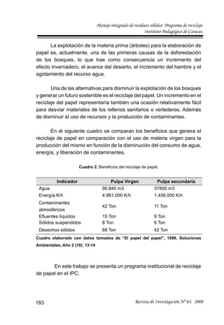 Manejo integrado de residuos sólidos: Programa de reciclaje.
Instituto Pedagógico de Caracas.
Revista de Investigación Nº 63. 2008183
La explotación de la materia prima (árboles) para la elaboración de
papel es, actualmente, una de las primeras causas de la deforestación
de los bosques, lo que trae como consecuencia un incremento del
efecto invernadero, el avance del desierto, el incremento del hambre y el
agotamiento del recurso agua.
Una de las alternativas para disminuir la explotación de los bosques
y generar un futuro sostenible es el reciclaje del papel. Un incremento en el
reciclaje del papel representaría también una ocasión relativamente fácil
para desviar materiales de los rellenos sanitarios o vertederos. Además
de disminuir el uso de recursos y la producción de contaminantes.
En el siguiente cuadro se comparan los beneﬁcios que genera el
reciclaje de papel en comparación con el uso de materia virgen para la
producción del mismo en función de la disminución del consumo de agua,
energía, y liberación de contaminantes.
Cuadro 2. Beneﬁcios del reciclaje de papel.
Indicador Pulpa Virgen Pulpa secundaria
Agua 90.840 m3 37850 m3
Energía K/h 4.981.000 K/h 1.456.000 K/h
Contaminantes
atmosféricos
42 Ton 11 Ton
Eﬂuentes líquidos 15 Ton 9 Ton
Sólidos suspendidos 8 Ton 6 Ton
Desechos sólidos 88 Ton 42 Ton
Cuadro elaborado con datos tomados de “El papel del papel”, 1998, Soluciones
Ambientales, Año 2 (10): 13-14
En este trabajo se presenta un programa institucional de reciclaje
de papel en el IPC.
 