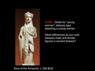 Kore of the Acropolis, c. 500 BCE
KORE: Greek for “young
woman”; statuary type
depicting a young woman
What differences do you note
between male and female
figures in ancient Greece?
 