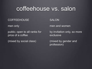 coffeehouse vs. salon
COFFEEHOUSE
men only
public; open to all ranks for
price of a coffee
(mixed by social class)
SALON
men and women
by invitation only, so more
exclusive
(mixed by gender and
profession)
 