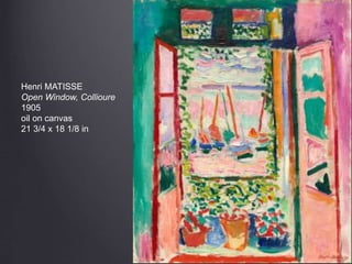 Henri MATISSE
Open Window, Collioure
1905
oil on canvas
21 3/4 x 18 1/8 in
 