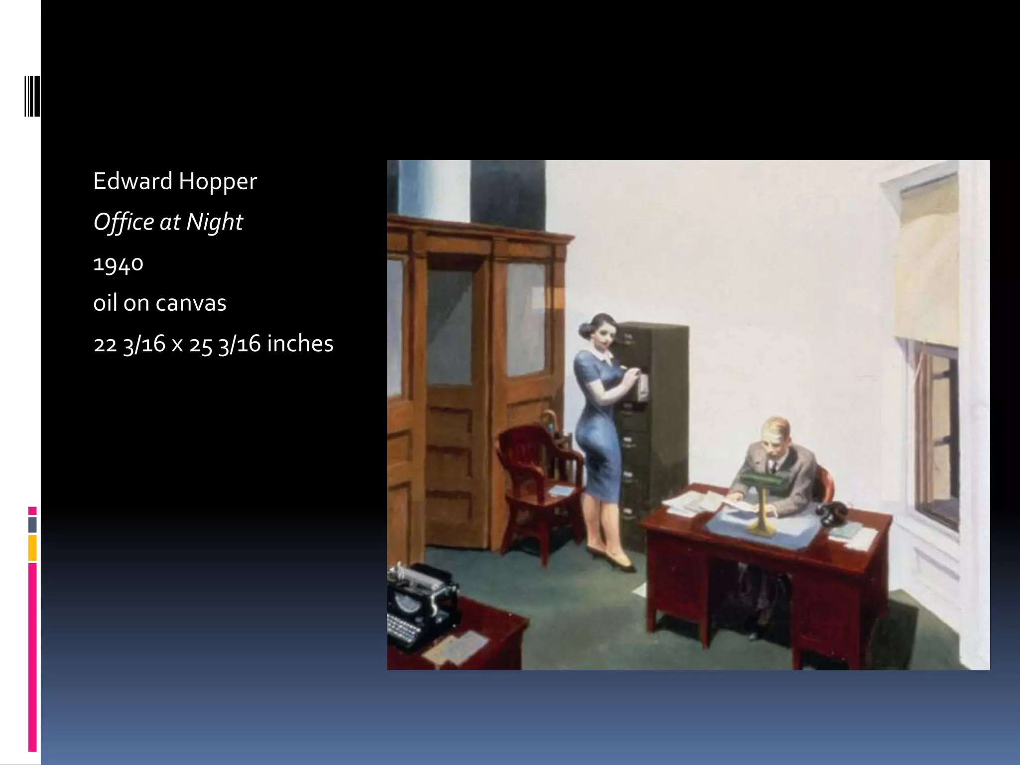 Edward Hopper
Office at Night
1940
oil on canvas
22 3/16 x 25 3/16 inches
 