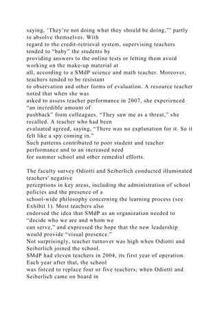 saying, ‘They’re not doing what they should be doing,’” partly
to absolve themselves. With
regard to the credit-retrieval system, supervising teachers
tended to “baby” the students by
providing answers to the online tests or letting them avoid
working on the make-up material at
all, according to a SMdP science and math teacher. Moreover,
teachers tended to be resistant
to observation and other forms of evaluation. A resource teacher
noted that when she was
asked to assess teacher performance in 2007, she experienced
“an incredible amount of
pushback” from colleagues. “They saw me as a threat,” she
recalled. A teacher who had been
evaluated agreed, saying, “There was no explanation for it. So it
felt like a spy coming in.”
Such patterns contributed to poor student and teacher
performance and to an increased need
for summer school and other remedial efforts.
The faculty survey Odiotti and Seiberlich conducted illuminated
teachers' negative
perceptions in key areas, including the administration of school
policies and the presence of a
school-wide philosophy concerning the learning process (see
Exhibit 1). Most teachers also
endorsed the idea that SMdP as an organization needed to
“decide who we are and whom we
can serve,” and expressed the hope that the new leadership
would provide “visual presence.”
Not surprisingly, teacher turnover was high when Odiotti and
Seiberlich joined the school.
SMdP had eleven teachers in 2004, its first year of operation.
Each year after that, the school
was forced to replace four or five teachers; when Odiotti and
Seiberlich came on board in
 