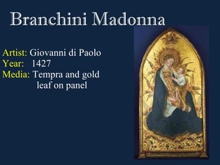 Artist:   Giovanni di Paolo Year:  1427 Media:   Tempra and gold    leaf on panel Branchini Madonna 