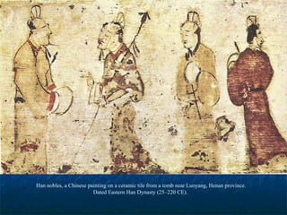 Han nobles, a Chinese painting on a ceramic tile from a tomb near Luoyang, Henan province.
Dated Eastern Han Dynasty (25–220 CE).
 