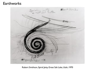 Earthworks
Robert Smithson, Spiral Jetty, Great Salt Lake, Utah, 1970
 