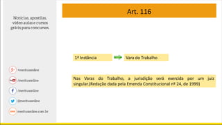 Art. 116
Nas Varas do Trabalho, a jurisdição será exercida por um juiz
singular.(Redação dada pela Emenda Constitucional nº 24, de 1999)
1ª Instância Vara do Trabalho
 