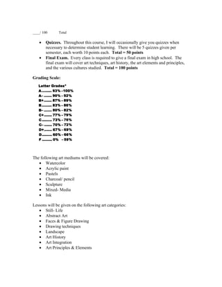 ____/ 100      Total

    •   Quizzes. Throughout this course, I will occasionally give you quizzes when
        necessary to determine student learning. There will be 5 quizzes given per
        semester, each worth 10 points each. Total = 50 points
    •   Final Exam. Every class is required to give a final exam in high school. The
        final exam will cover art techniques, art history, the art elements and principles,
        and the various cultures studied. Total = 100 points

Grading Scale:




The following art mediums will be covered:
   • Watercolor
   • Acrylic paint
   • Pastels
   • Charcoal/ pencil
   • Sculpture
   • Mixed- Media
   • Ink

Lessons will be given on the following art categories:
   • Still- Life
   • Abstract Art
   • Faces & Figure Drawing
   • Drawing techniques
   • Landscape
   • Art History
   • Art Integration
   • Art Principles & Elements
 