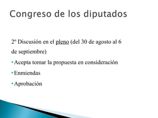 2º Discusión en el pleno (del 30 de agosto al 6
de septiembre)
Acepta

tomar la propuesta en consideración

Enmiendas
Aprobación

 