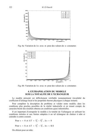 M. El Ouardi322
Fig. 6a: Variation de sk avec m pour des valeurs de ω constantes
Fig. 6b: Variation de sk avec m pour des valeurs de ω constantes
4. EXTRAPOLATION DU MODELE
SUR LA TOTALITE DE L’ECHANGEUR
Le modèle présenté est difficilement vérifiable instantanément (invalidité du
coefficient d’échange local et les propriétés thermo physiques à chaque instant).
Pour compléter la description du problème et valider notre modèle; dans les
conditions plus proches possibles de la réalité industrielle et en tenant compte du
caractère bruité des résultats obtenus en conditions quasi industrielles.
Il est important d’extrapoler le modèle à la totalité de l’échangeur en utilisant les
conditions initiales et aux limites adaptées à un tel échangeur de chaleur à tube et
calendre à contre courant.
Pour 0s = et f
f
i
c TTT −=∆ , 0sk =
Pour Ss = et i
f
f
c TTT −=∆ , SKsk =
On obtient pour un tube:
 
