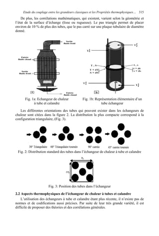 Etude du couplage entre les grandeurs classiques et les Propriétés thermophysiques… 315
De plus, les corrélations mathématiques, qui existent, varient selon la géométrie et
l’état de la surface d’échange (lisse ou rugueuse). Le pas triangle permet de placer
environ de 10 % de plus des tubes, que le pas carré sur une plaque tubulaire de diamètre
donné.
Fig. 1a: Echangeur de chaleur
à tube et calandre
Fig. 1b: Représentation élémentaire d’un
tube échangeur
Les différentes orientations des tubes qui peuvent exister dans les échangeurs de
chaleur sont citées dans la figure 2. La distribution la plus compacte correspond à la
configuration triangulaire, (Fig. 3).
Fig. 2: Distribution standard des tubes dans l’échangeur de chaleur à tube et calandre
Fig. 3: Position des tubes dans l’échangeur
2.2 Aspects thermophysiques de l’échangeur de chaleur à tubes et calandre
L’utilisation des échangeurs à tube et calandre étant plus récente, il n’existe pas de
normes et de codifications aussi précises. Par suite de leur très grande variété, il est
difficile de proposer des théories et des corrélations générales.
 
