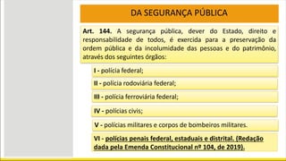 Art. 144. A segurança pública, dever do Estado, direito e
responsabilidade de todos, é exercida para a preservação da
ordem pública e da incolumidade das pessoas e do patrimônio,
através dos seguintes órgãos:
I - polícia federal;
DA SEGURANÇA PÚBLICA
II - polícia rodoviária federal;
III - polícia ferroviária federal;
IV - polícias civis;
V - polícias militares e corpos de bombeiros militares.
VI - polícias penais federal, estaduais e distrital. (Redação
dada pela Emenda Constitucional nº 104, de 2019).
 