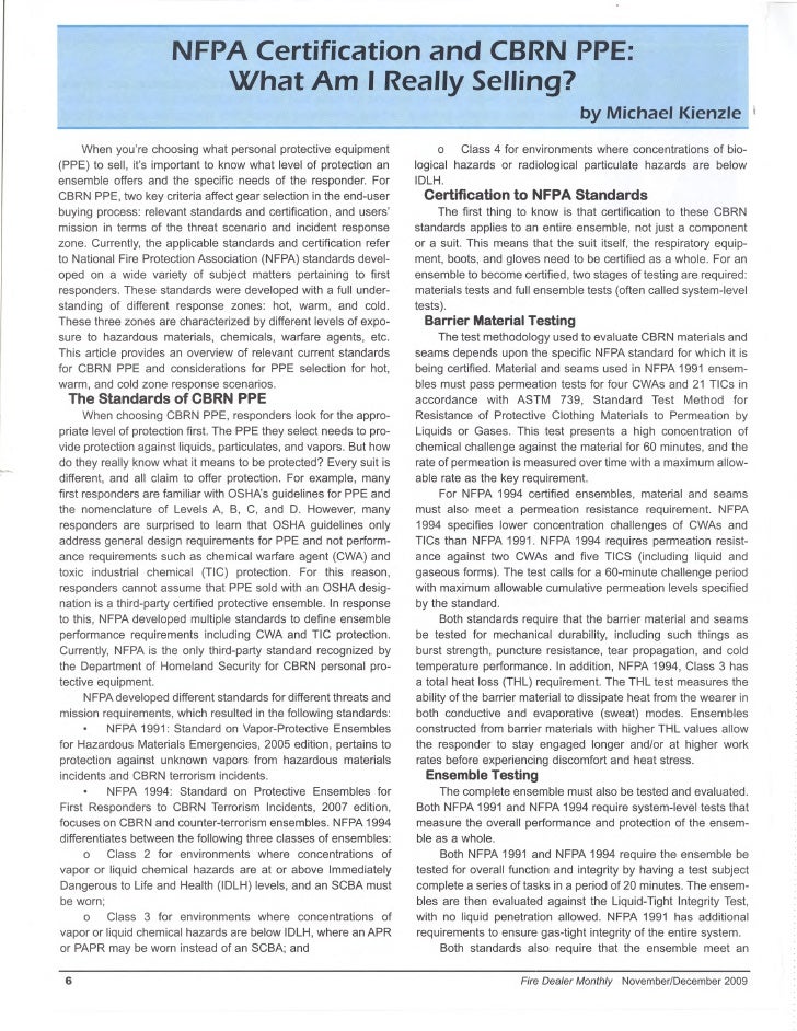 NFPA Certification CBRN PPE: What Am I Really Selling NFPA Certification CBRN PPE: What Am I Really Selling